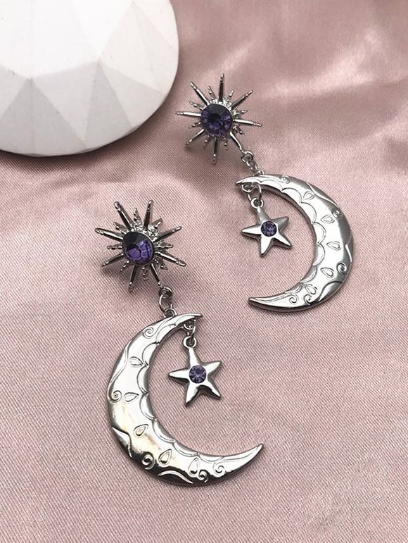 Boucles d'Oreilles Pendantes en Forme d'Etoile Lune et Soleil avec Strass - Argent 