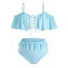 Maillot de Bain Epaule Dénudée de Grande Taille à Lacets à Volants Deux Pièces - Bleu de Ciel 2X
