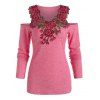 T-shirt Chiné Fleur en Dentelle Insérée à Epaule Dénudée - Rose 2XL
