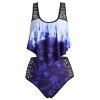 Maillot de Bain Tankini Teinté en Dentelle Insérée à Volants avec Bouton - Bleu Océan XL