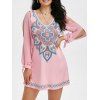 Robe Nouée Tribale Imprimée Manches Fendues à Col V - Rose 3XL