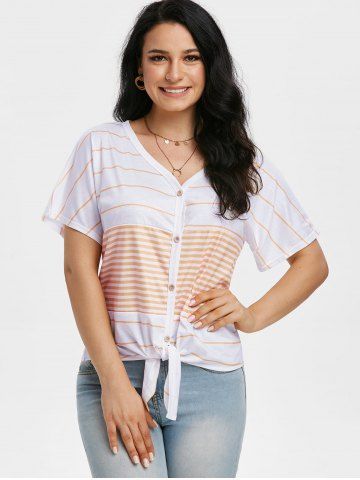Striped Knotted Button Front Tunic Raglan Sleeve Tee