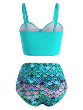 Ruched High Waisted Mermaid Scales Print Tankini Swimwear