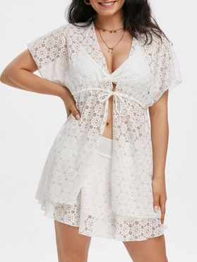 Crisscross Halter and Lace Skirt Swimwear Floral Lace Insert Cover Up 3 Piece Swimsuit