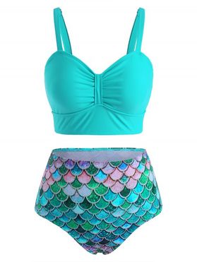 Ruched High Waisted Mermaid Scales Print Tankini Swimwear