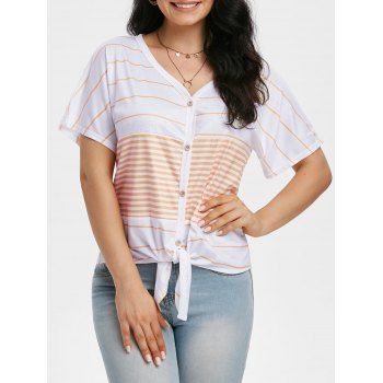 

Striped Knotted Button Front Tunic Raglan Sleeve Tee, Light orange