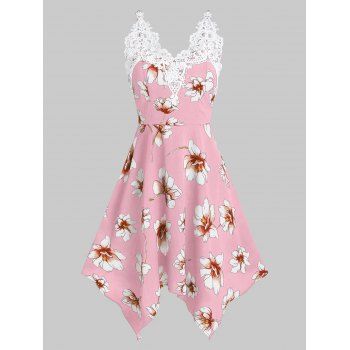 

Flower Print Lace Insert Handkerchief Dress, Pink