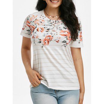 

Striped Flower Print Short Sleeve T-shirt, White