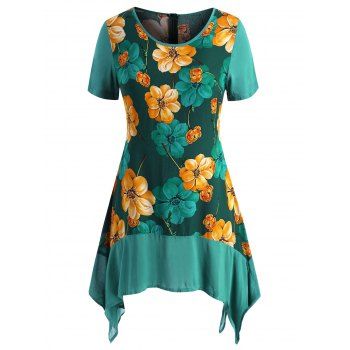 

Floral Handkerchief Back Zipper Plus Size Top, Deep green