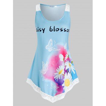 

Plus Size Daisy Blossom Butterfly Lace Hem Tunic Tank Top, Light sky blue