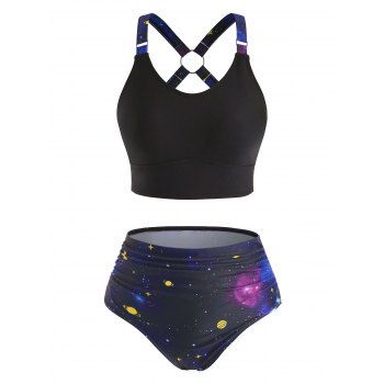 

High Waisted O-ring Planet Galaxy Tankini Swimwear, Black
