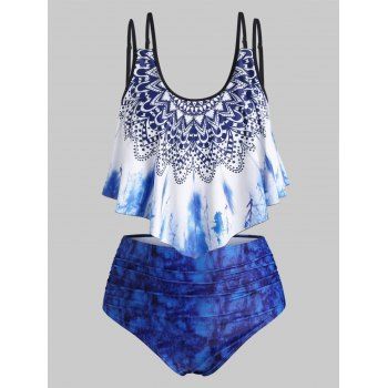 

Plus Size Tie Dye Ruffled Tankini Swimwear, Deep blue