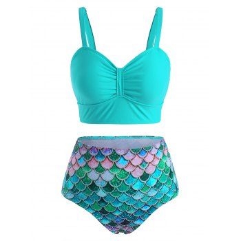 

Ruched High Waisted Mermaid Scales Print Tankini Swimwear, Green