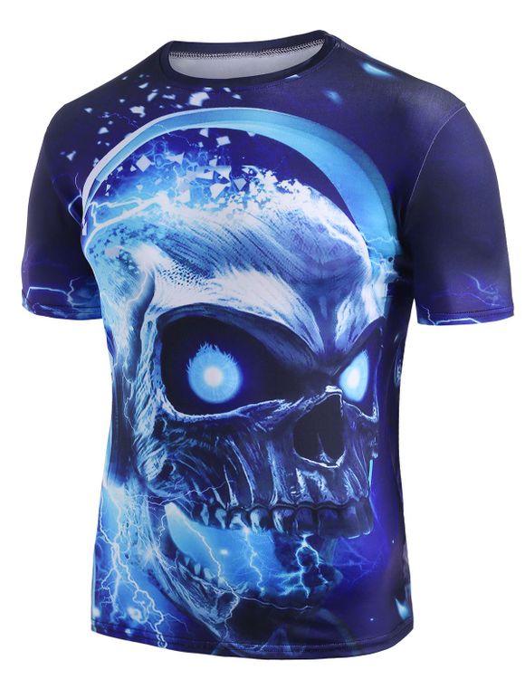 T-shirt Décontracté Graphique Crâne avec Casque à Col Rond - Bleu Dodger 3XL