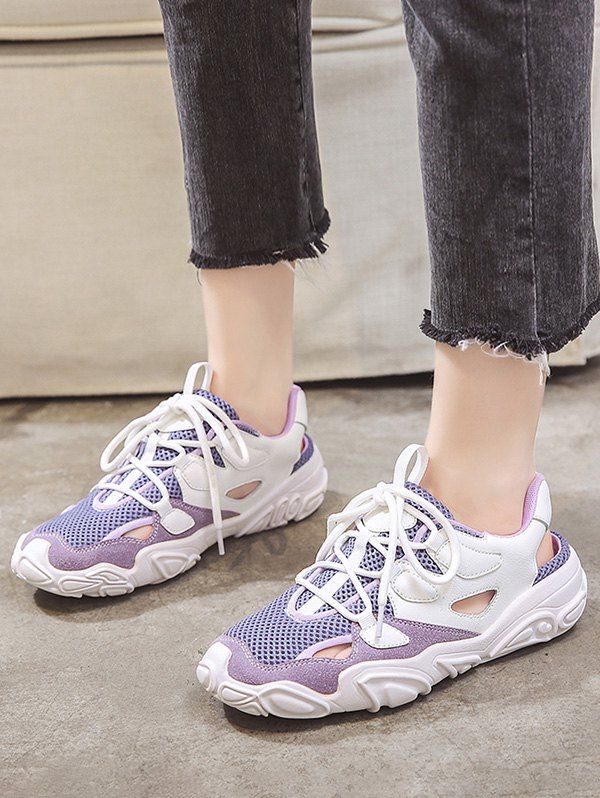 

Patchwork Mesh Lace Up Sports Sandals, Purple amethyst