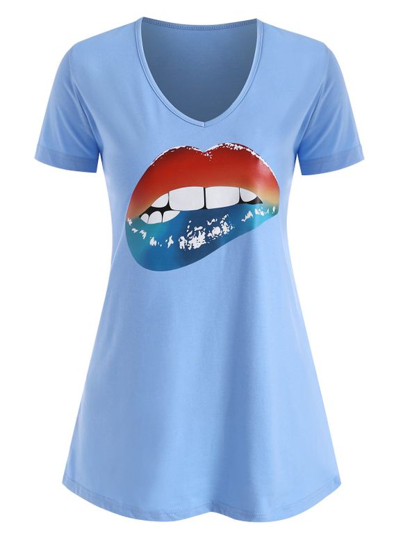 T-shirt Motif de Lèvres Graphique à Col V Grande Taille - Bleu L