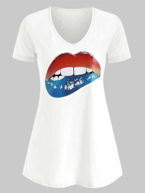 T-shirt Motif de Lèvres Graphique à Col V Grande Taille - Blanc 2XL