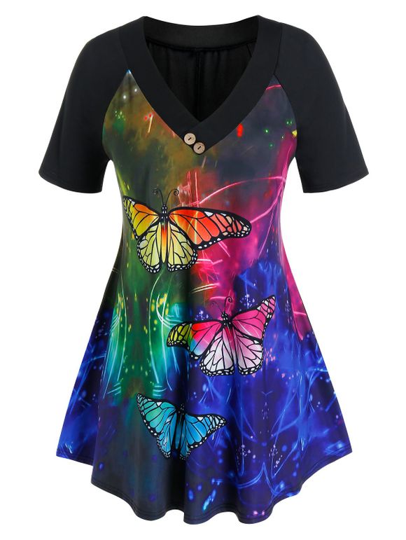 T-shirt Boutonné Papillon Imprimé de Grande Taille - Noir 5X