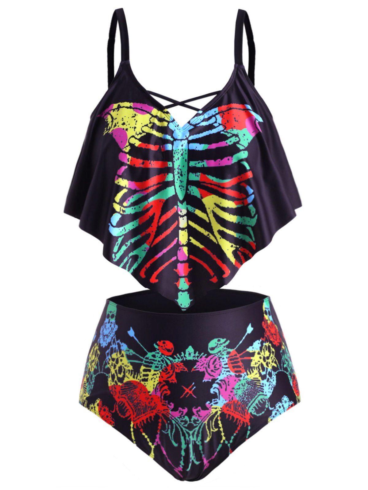 37 Off 2021 Skull Skeleton Flounces Halloween Plus Size Tankini Swimwear In Black Dresslily