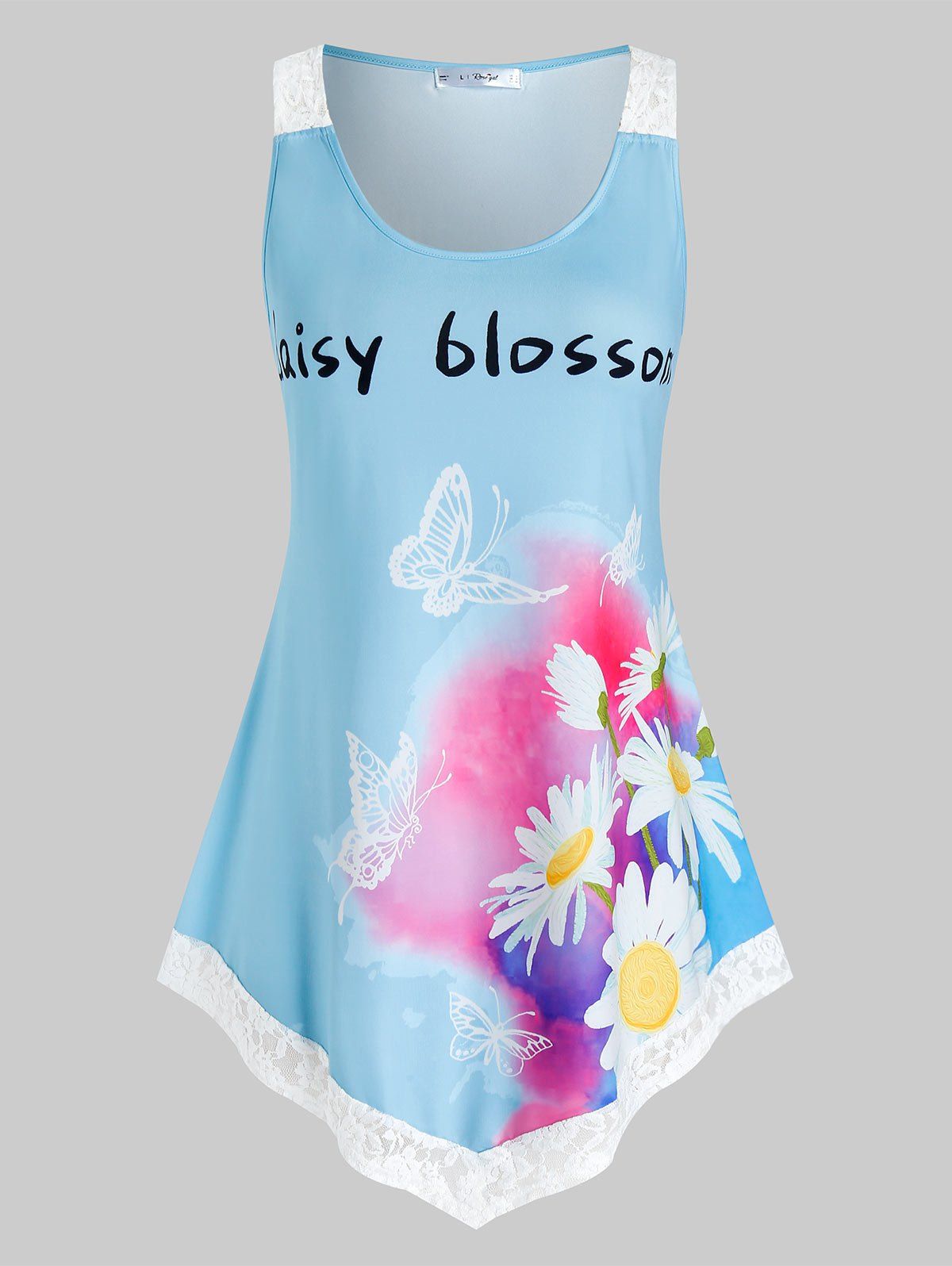 Plus Size Daisy Blossom Butterfly Lace Hem Tunic Tank Top - LIGHT SKY BLUE 5X