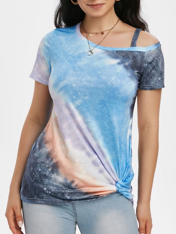 T-shirt Teinté Ourlet Tordu à Col Oblique - Bleu XL