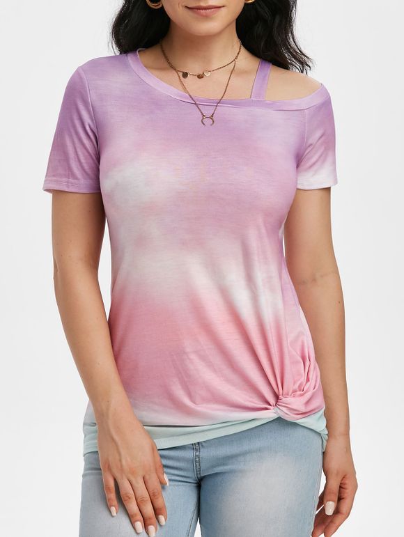 T-shirt Teinté Ourlet Tordu à Col Oblique - Violet clair 2XL