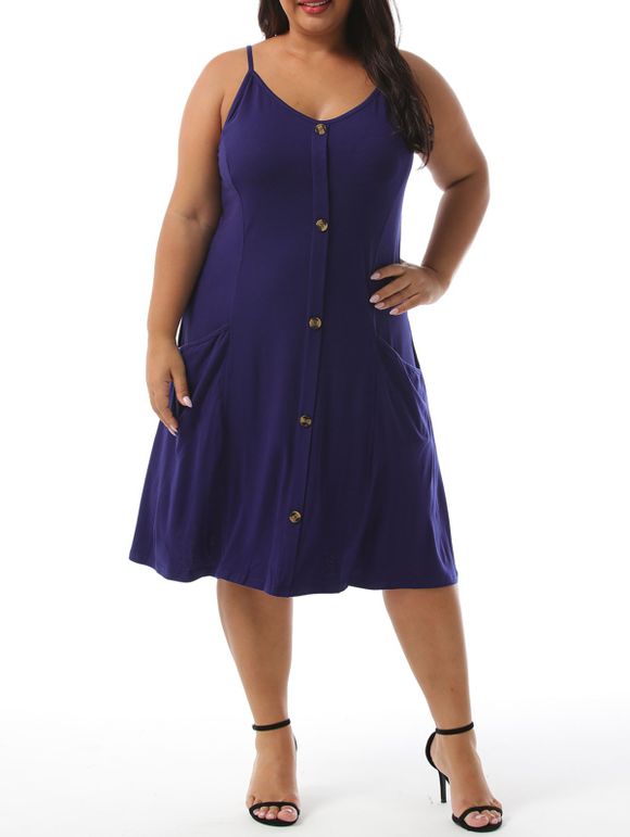 Robe à Bretelle avec Double Bouton de Grande Taille avec Poche - Bleu 5XL