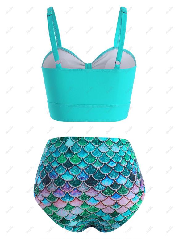 Maillot de Bain Tankini à Imprimé Ecaille de Sirène à Taille Haute à Volants - Vert S