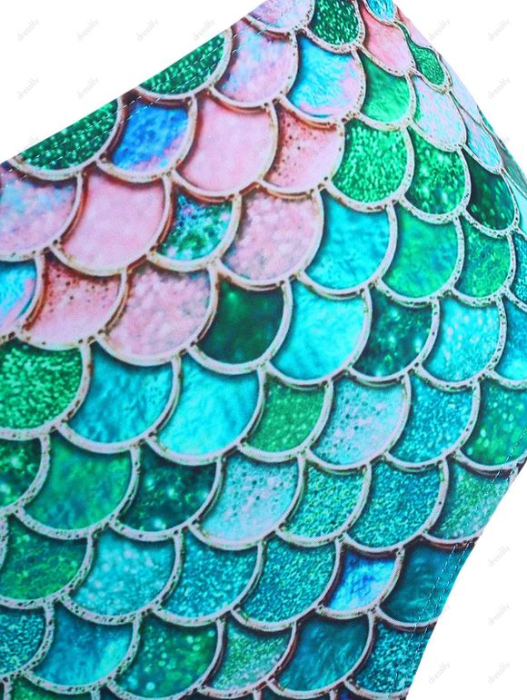 Maillot de Bain Tankini à Imprimé Ecaille de Sirène à Taille Haute à Volants - Vert S