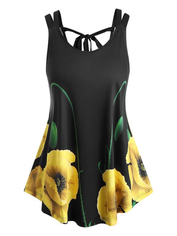 Débardeur Fleuri Imprimé Noué au Dos de Grande Taille - Noir 5X