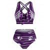Gothic Swimsuit Skeleton Skull Striped Cut Out Bowknot Ruched Tummy Control Tankini Swimwear - PURPLE M