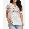 T-shirt Rayé Fleur Imprimée à Manches Courtes - Blanc 2XL