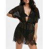 Sheer Cover Up Laser Cut Out Scalloped Plunging Neck Bat Sleeve Tunic Beach Top - BLACK L