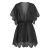 Sheer Cover Up Laser Cut Out Scalloped Plunging Neck Bat Sleeve Tunic Beach Top - BLACK M
