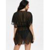 Sheer Cover Up Laser Cut Out Scalloped Plunging Neck Bat Sleeve Tunic Beach Top - BLACK XL