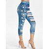 Legging Court 3D Drapeau Américain Imprimé à Taille Haute - Bleu clair L