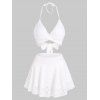 Crisscross Halter and Lace Skirt Swimwear Floral Lace Insert Cover Up 3 Piece Swimsuit - WHITE M