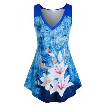 

Plus Size Tie Dye Lily Print Tank Top, Light blue