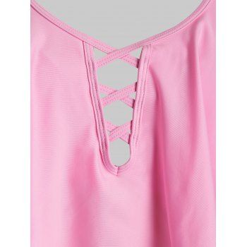 

Plus Size Lattice Flounce Butterfly Flower Print Tankini Swimwear, Light pink