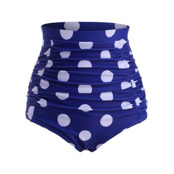

Retro Polka Dot Ruched High Waisted Bikini Bottom, Blue