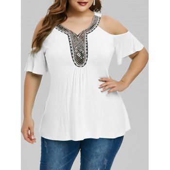 

Plus Size Sequins Embellished Cold Shoulder Top, White