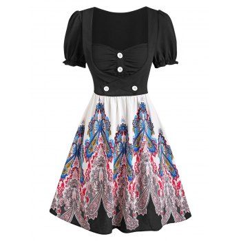 

Paisley Button Puff Sleeve High Waist Dress, Black
