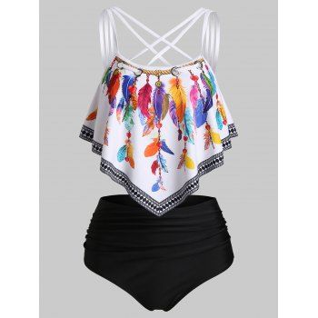 

Feather Print Strappy Padded Tankini Set, White