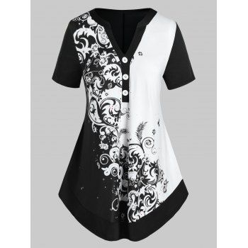 

Plus Size Leaf Print Button Colorblock T-shirt, Black