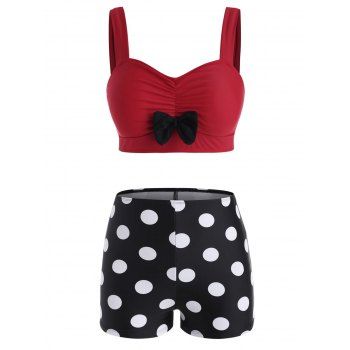 

Polka Dot Print Bow Detail Padded Tankini Set, Red