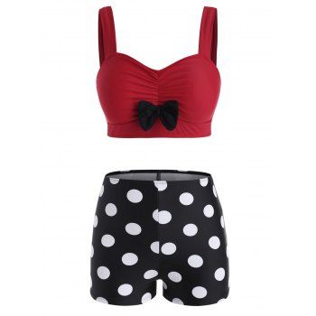 

Polka Dot Print Bow Detail Padded Tankini Set, Red