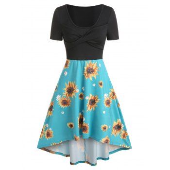 

Floral Print Front Knot High Waist Dress, Black