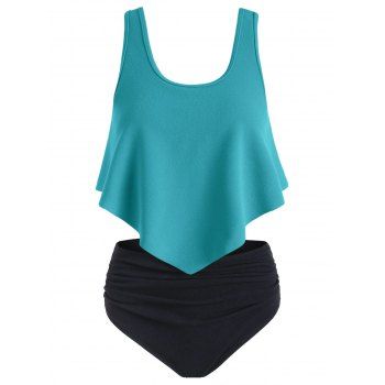 

Flounce Ruched Textured Tankini Swimsuit, Green