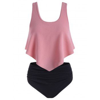 

Flounce Ruched Textured Tankini Swimsuit, Light pink