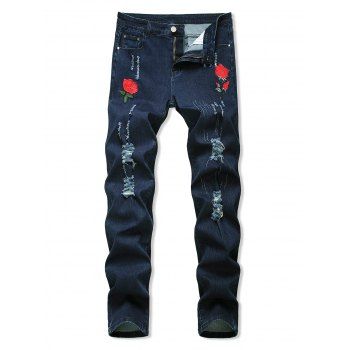 

Floral Embroidery Ripped Design Jeans, Deep blue